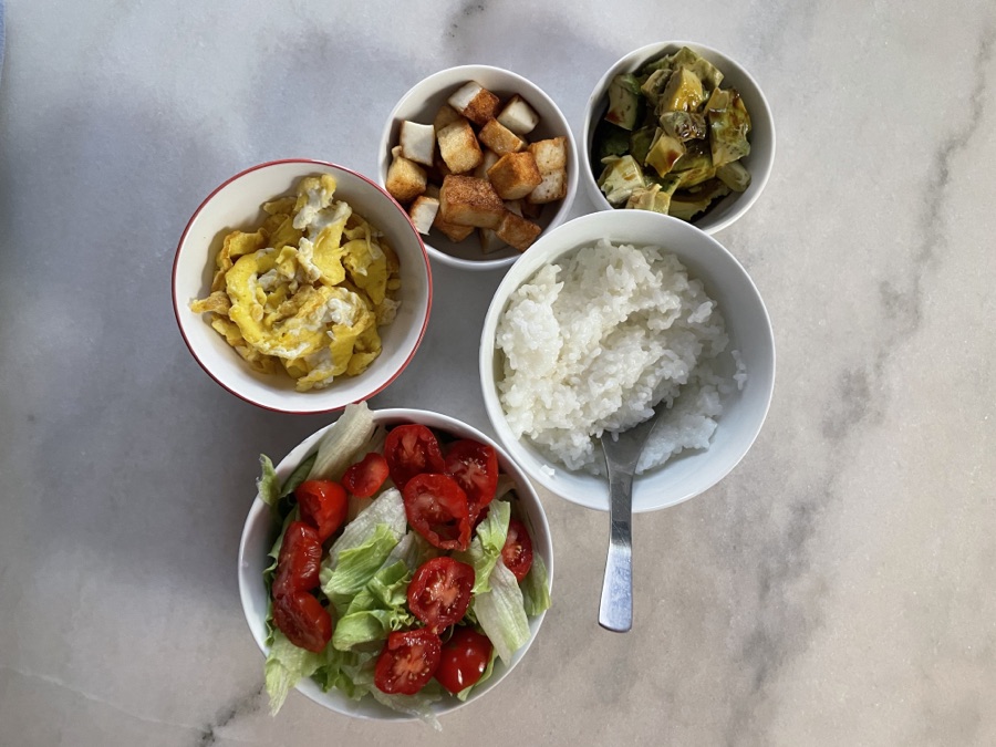 Bowls of prepared ingredients