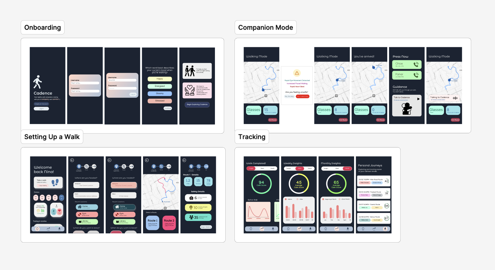 High fidelity mock-ups for onboarding, companion mode, walk setup, and tracking