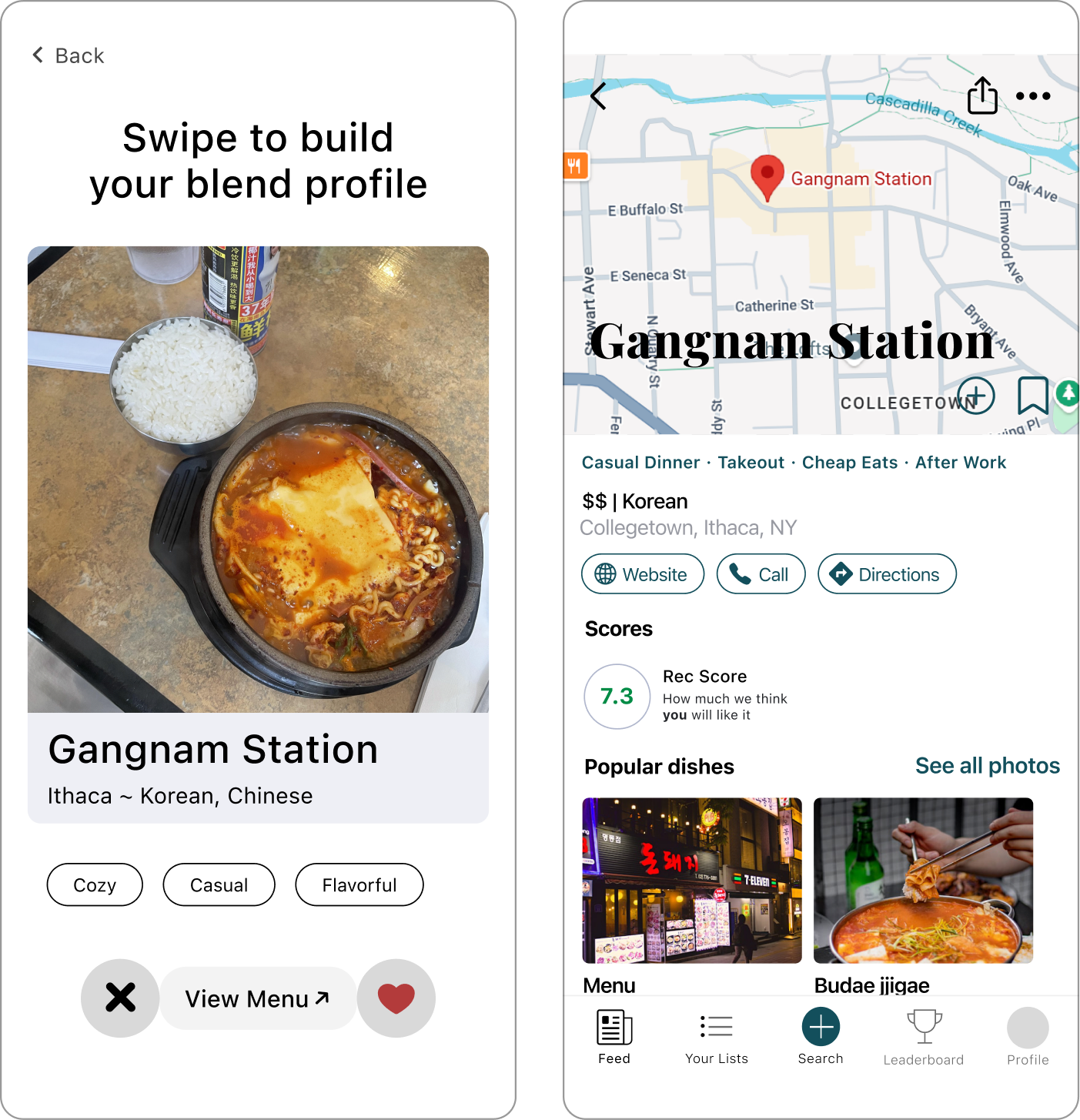 Swipe profile and restaurant detail screens from user testing