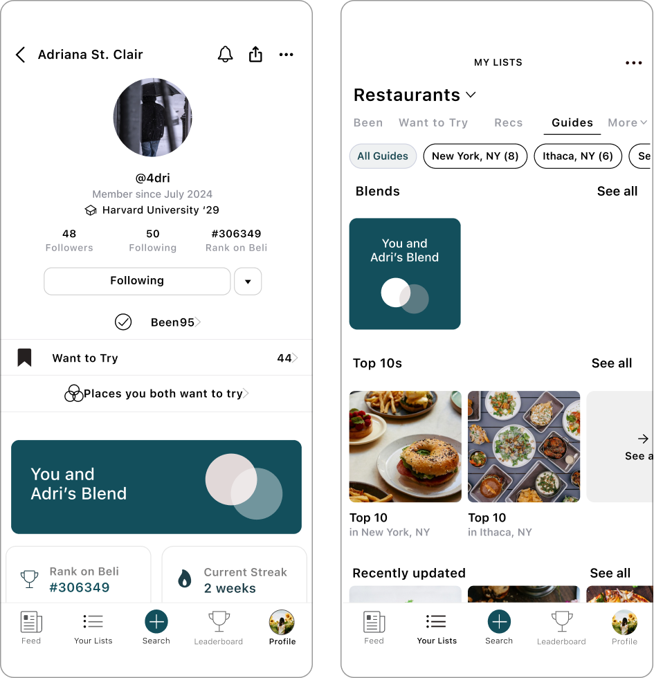 Friend profile and guides screens showing blend access points