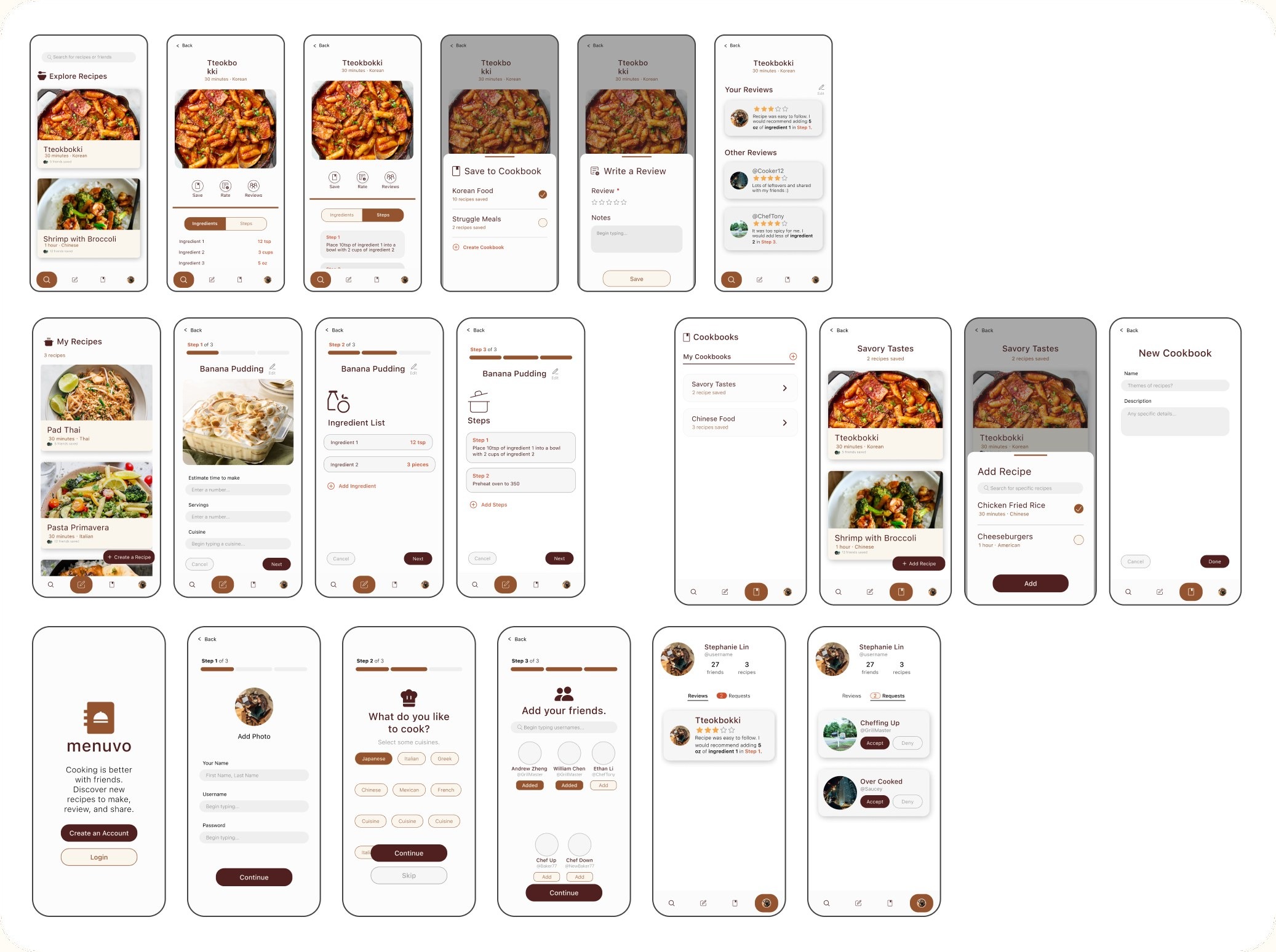 Full-colour Menuvo screens across browsing, reviewing, cookbooks and onboarding