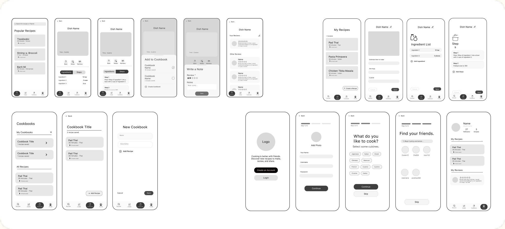 Greyscale wireframes of the browse, create, cookbook and onboarding flows