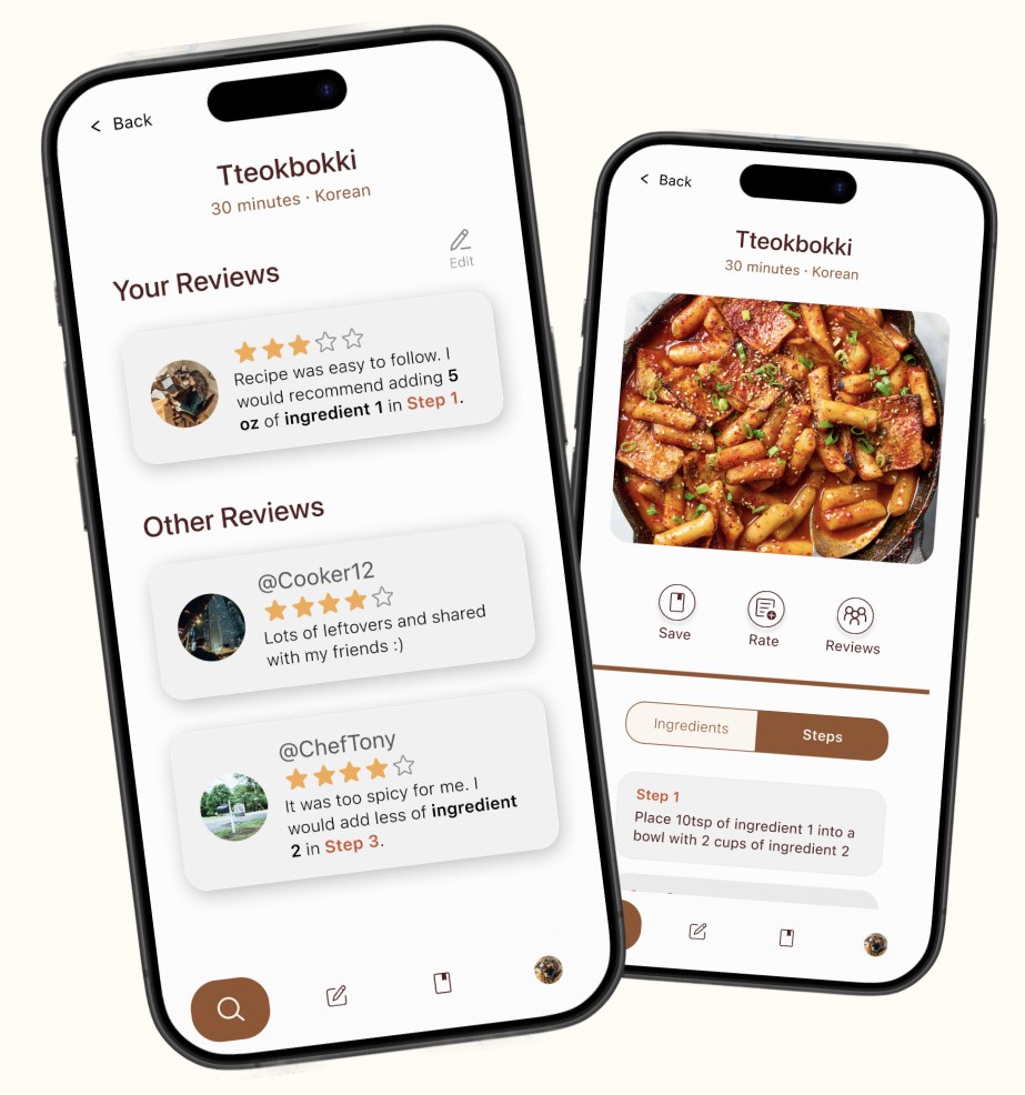 Two Menuvo screens showing a recipe's reviews and its ingredient steps