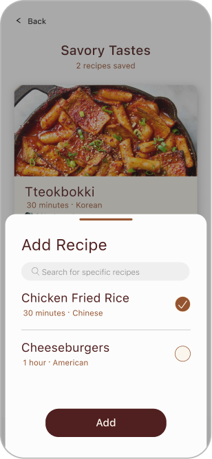 Add recipe to cookbook screen