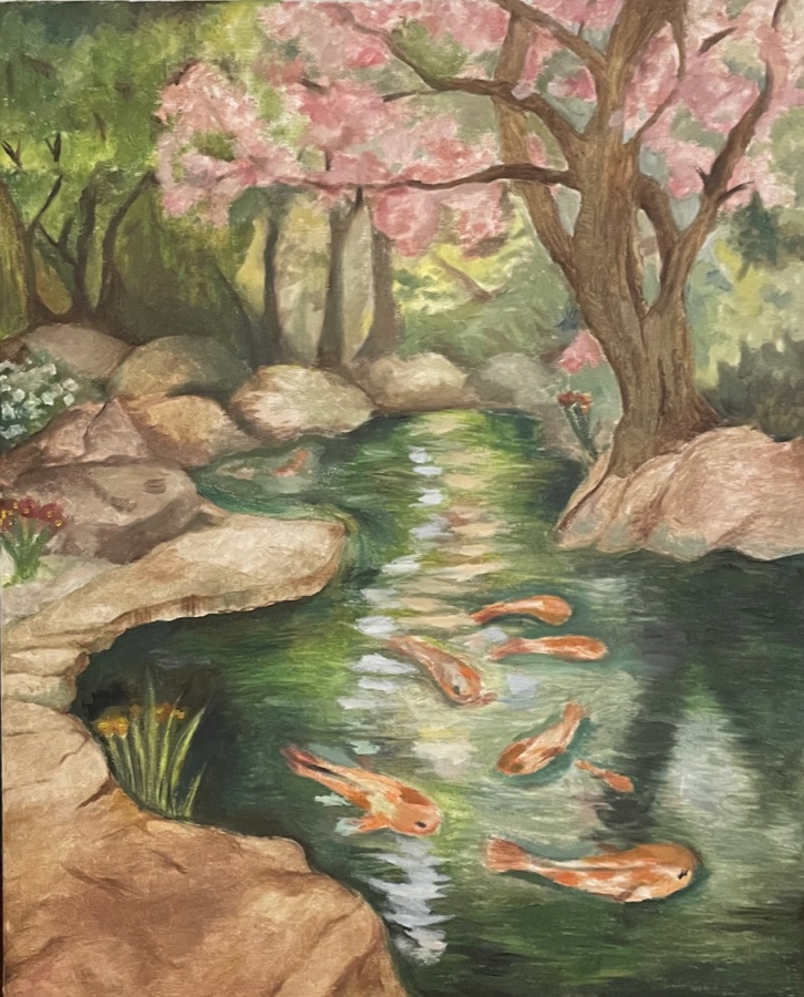 Oil painting of koi in a rocky stream beneath a cherry blossom tree