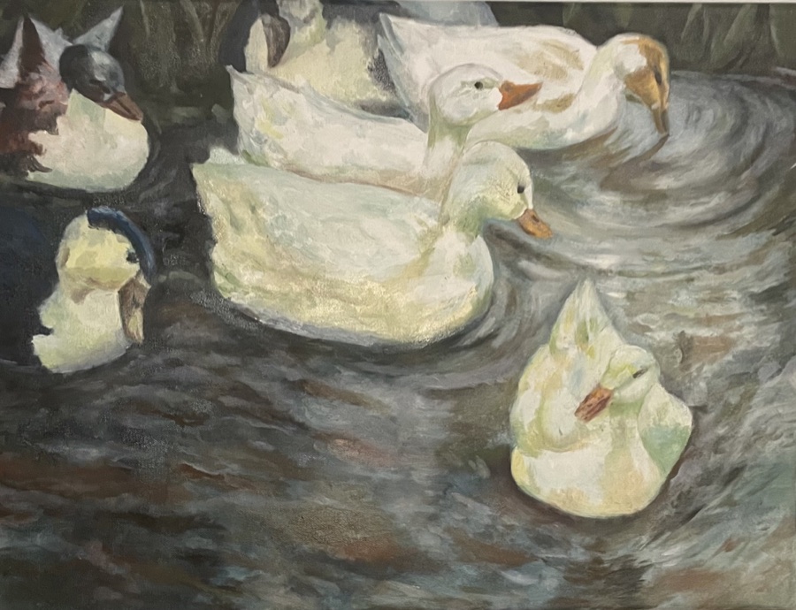 Oil painting of ducks on dark water