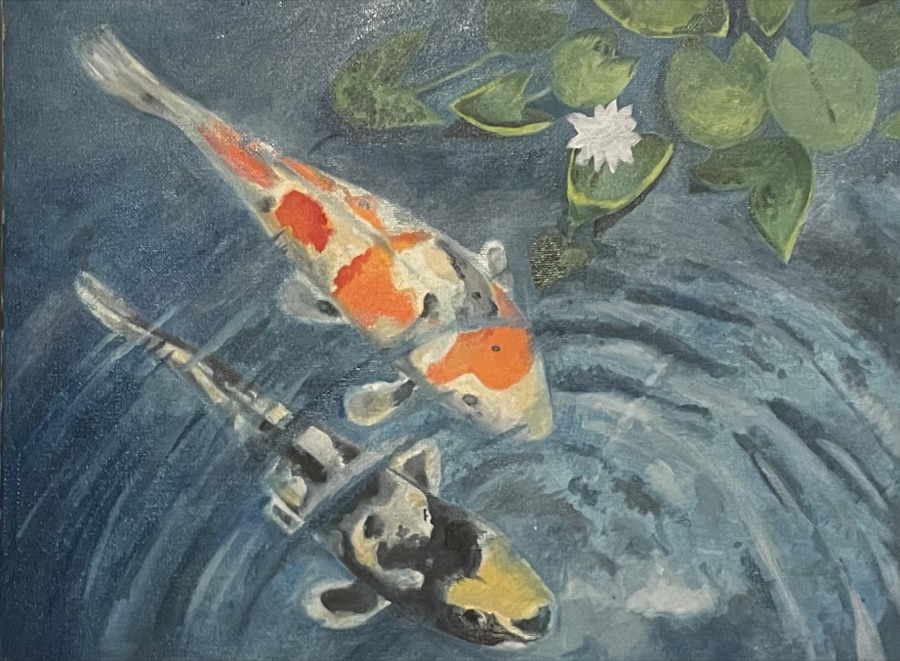Oil painting of koi swimming under lily pads