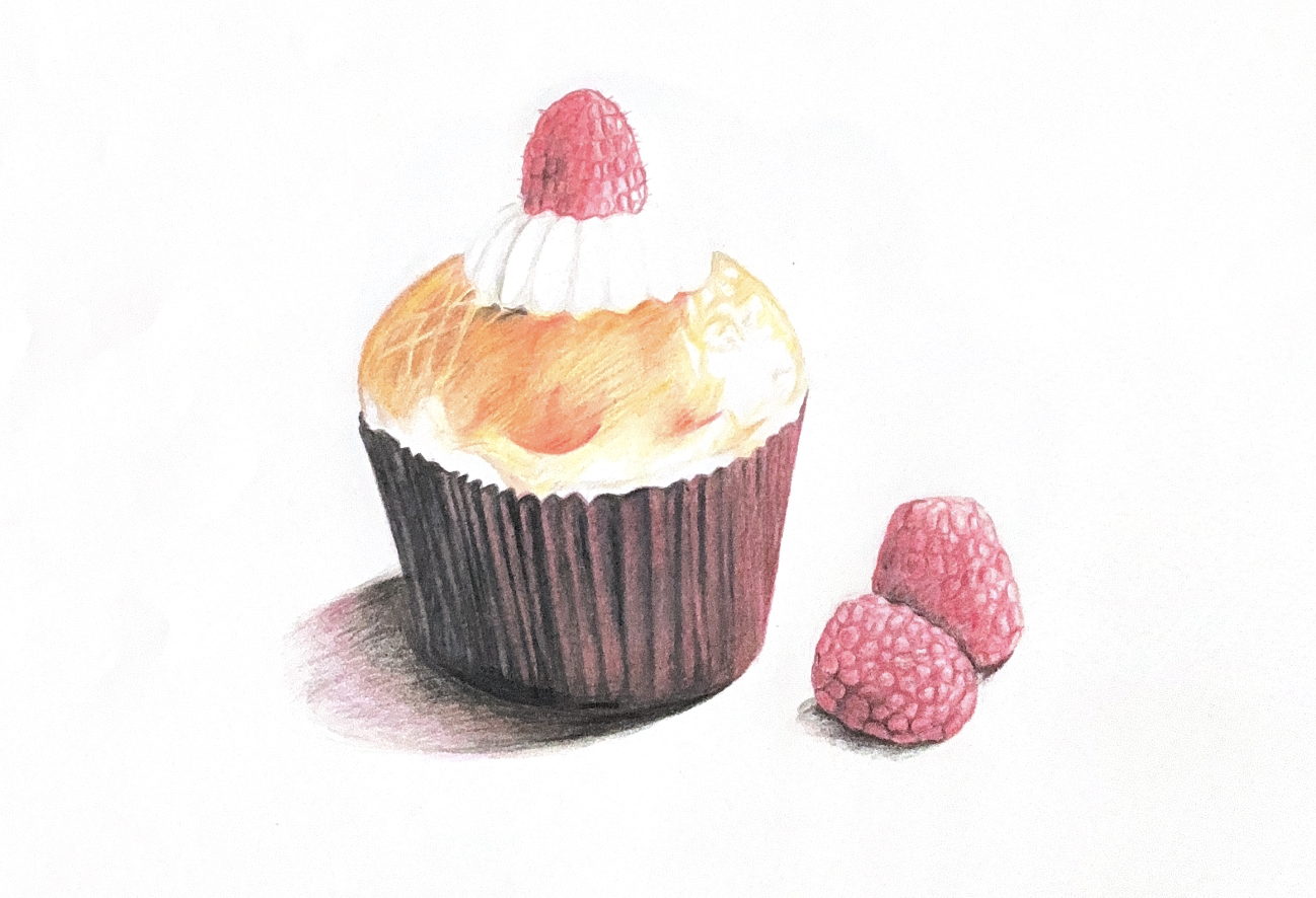 Colored pencil drawing of a cupcake with raspberries