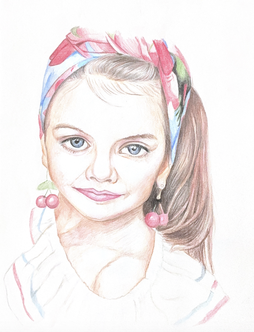 Colored pencil portrait of a girl with cherry earrings