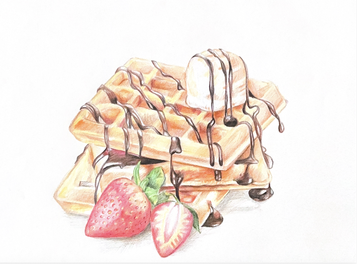 Colored pencil drawing of waffles with ice cream and strawberries