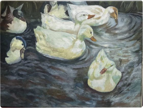 Oil painting of ducks on water
